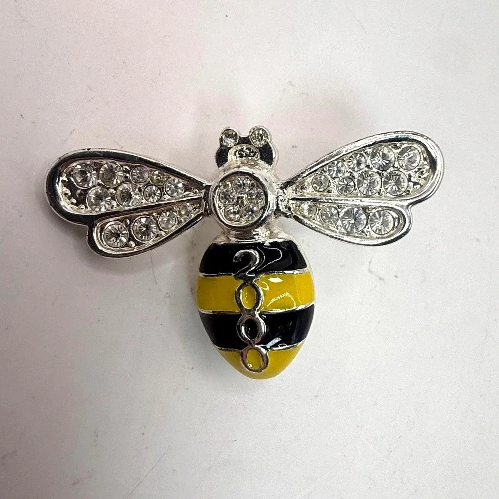 Rhinestone Bee Brooch Silver‎ Tone Enamel Bumblebee Pin Yellow Black